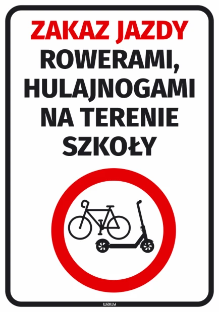 Naklejka z czerwono-czarnym napisem zakazu jazdy rowerami i hulajnogami oraz piktogramem w czerwonym okręgu