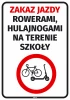 Naklejka Zakaz jazdy rowerami, hulajnogami na terenie szkoły - Wzór graficzny. Czerwony okrąg z przekreślonymi rowerem