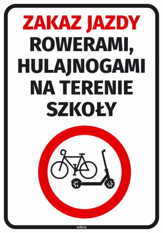 Naklejka Zakaz jazdy rowerami, hulajnogami na terenie szkoły - Wzór graficzny. Czerwony okrąg z przekreślonymi rowerem