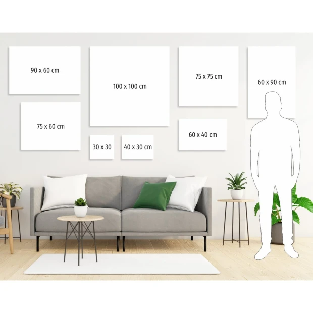 Obraz na płótnie ze zdjęcia 40x60 cm - Aranżacja w salonie. Jasne ściany, nowoczesna sofa i rośliny