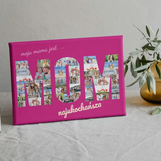 Obraz na płótnie ze zdjęcia 40x60 cm - Wzór graficzny. Litery MOM wypełnione zdjęciami, na różowym tle