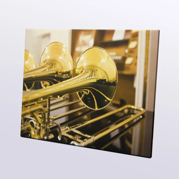 Obraz na płótnie ze zdjęcia 40x60 cm - Aranżacja w studio muzycznym. Widoczne instrumenty dęte w odcieniach złota
