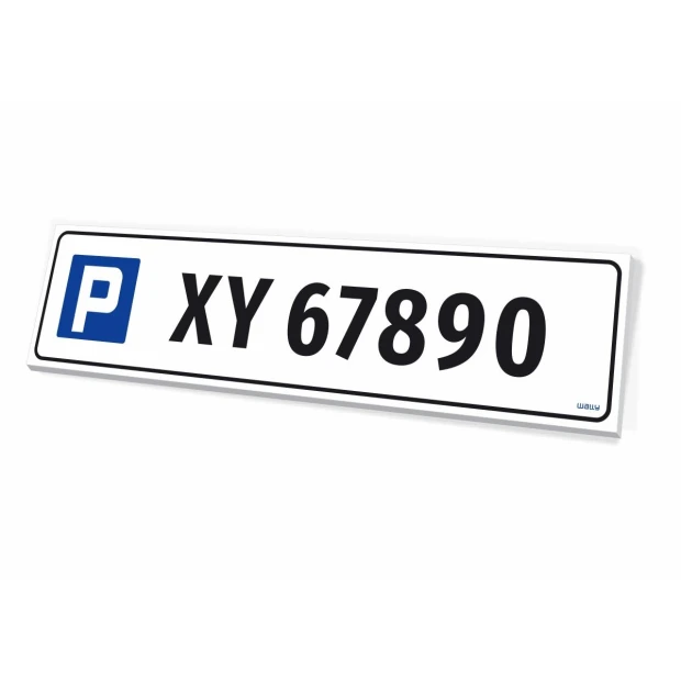 Tabliczka parkingowa ze znakiem P oraz miejscem na przykładowy numer rejestracyjny na białym tle