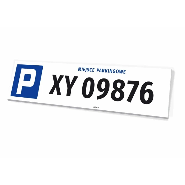 Tabliczka parkingowa z numerem rejestracyjnym, miejsce parkingowe - Wzór graficzny. Prosta tabliczka z niebieskim symbolem P
