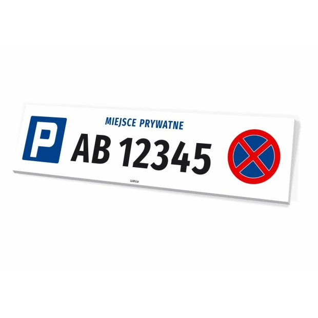 Tabliczka parkingowa z numerem rejestracyjnym, miejsce prywatne - Wzór graficzny. Prosty prostokąt z niebieskim symbolem