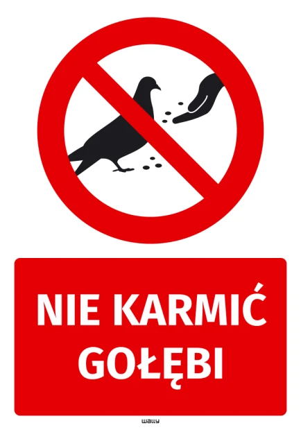 Naklejka zakazu z czerwonym piktogramem karmienia ptaków i białym napisem Nie karmić gołębi na czerwonym tle
