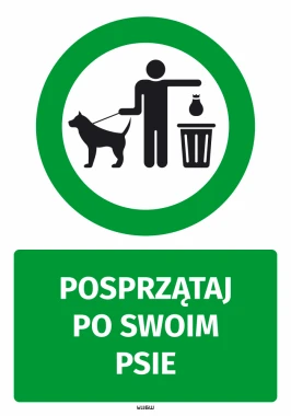 Naklejka Posprzątaj po swoim psie - Wzór graficzny. Zielony okrąg z postacią trzymającą smycz i worek przy koszu na śmieci