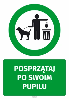 Naklejka Posprzątaj po swoim pupilu - Wzór graficzny. Zielony okrąg z postacią trzymającą smycz i worek obok kosza na śmieci