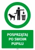 Naklejka Posprzątaj po swoim pupilu - Wzór graficzny. Zielony okrąg z postacią trzymającą smycz i worek obok kosza na śmieci
