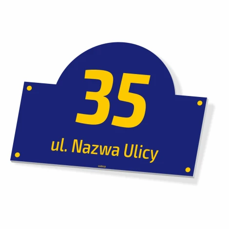 Tablica na dom, z adresem i numerem - Wzór graficzny. Okrągły kształt z dużymi cyframi na ciemnoniebieskim tle