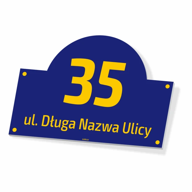 Tablica na dom, z adresem i numerem - Wzór graficzny. Okrągły kształt z dużym numerem i napisem na ciemnym tle