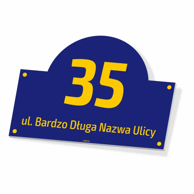 Tablica na dom, z adresem i numerem - Wzór graficzny. Okrągły kształt z dużymi cyframi i tekstem na ciemnym tle