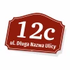 Tabliczka adresowa na dom lub ogrodzenie - Wzór graficzny. Prostokątna tabliczka z zaokrąglonymi rogami, z białym napisem