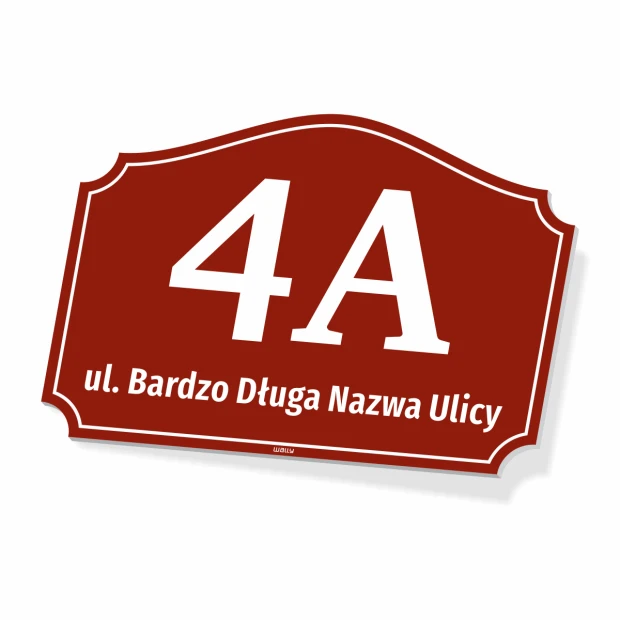 Tabliczka adresowa na dom lub ogrodzenie - Wzór graficzny. Czerwony prostokąt z białym napisem i zaokrąglonymi rogami