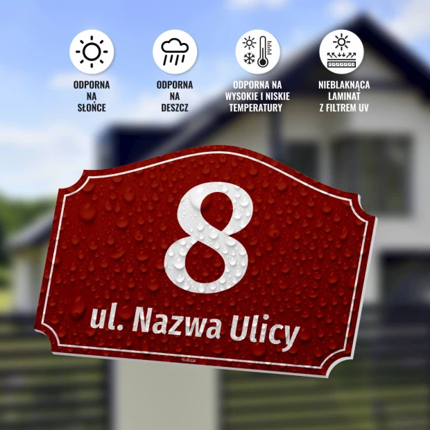 Tabliczka adresowa na dom lub ogrodzenie - Wzór graficzny. Czerwony kształt z zaokrąglonymi rogami, liczba 8 oraz tekst