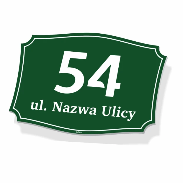 Zielona tabliczka adresowa na białym tle z przykładowym polem na numer domu i nazwę ulicy