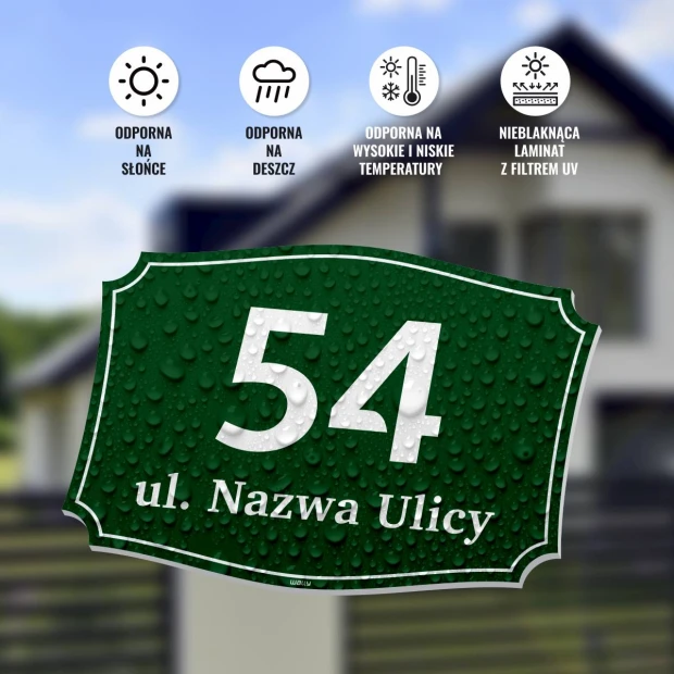 Infografika prezentująca zieloną tabliczkę adresową z polem na numer domu i ulicę oraz opisem jej odporności