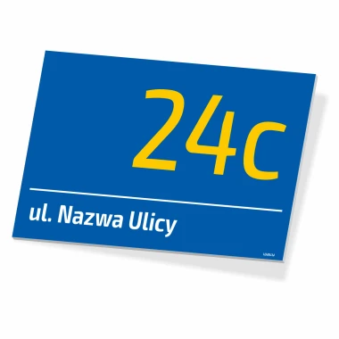Tabliczka adresowa, ulica, numer posesji - Wzór graficzny. Niebieskie tło z dużymi, żółtymi cyframi i białym napisem