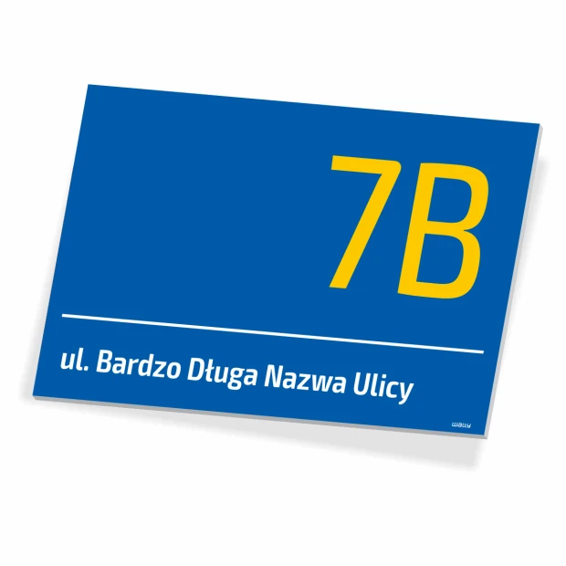 Tabliczka adresowa, ulica, numer posesji - Wzór graficzny. Niebieskie tło z żółtym numerem i białym napisem