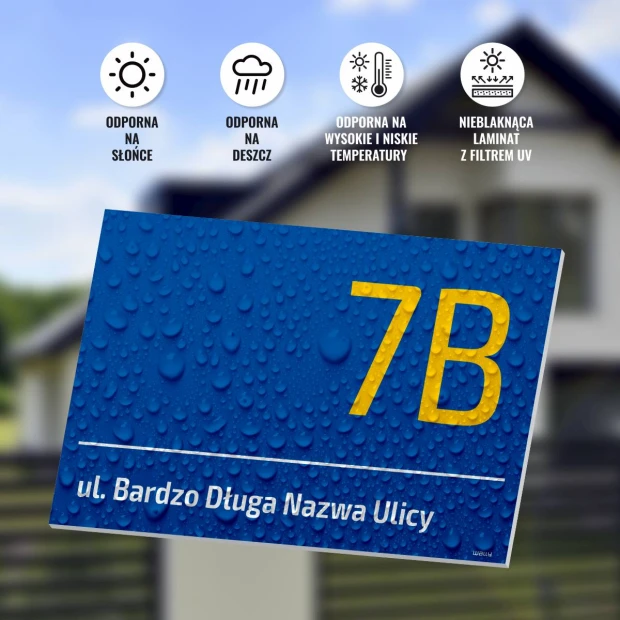 Tabliczka adresowa, ulica, numer posesji - Wzór graficzny. Niebieskie tło z kroplami wody, biały napis z numerem i nazwą