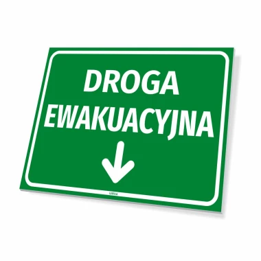 Tabliczka BHP Droga ewakuacyjna Strzałka w dół - Wzór graficzny. Zielone tło z białym napisem i strzałką w dół