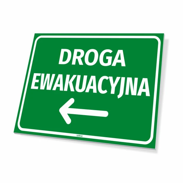 Zielona tabliczka BHP z białym napisem DROGA EWAKUACYJNA i strzałką w lewo, pokazana na białym tle