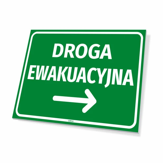Tabliczka BHP Droga ewakuacyjna Strzałka w prawo - Wzór graficzny. Zielone tło z białym napisem i strzałką wskazującą