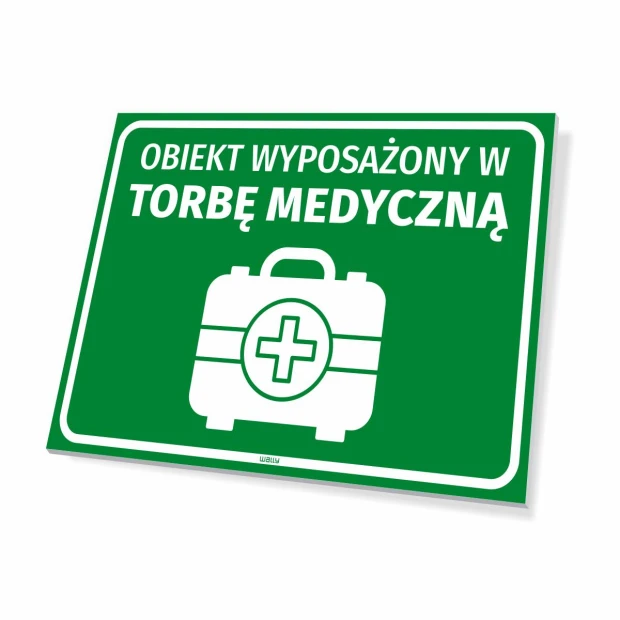 Tabliczka informacyjna Obiekt wyposażony w torbę medyczną - Wzór graficzny. Zielone tło z białym rysunkiem torby medycznej
