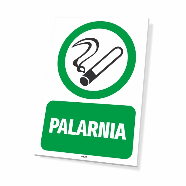 Tabliczka informacyjna Palarnia z zielonym piktogramem papierosa i napisem na białym tle, widok pod kątem