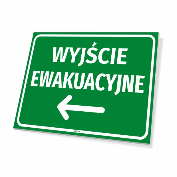 Zielona tabliczka BHP z białym napisem Wyjście ewakuacyjne i strzałką w lewo, pokazana na białym tle