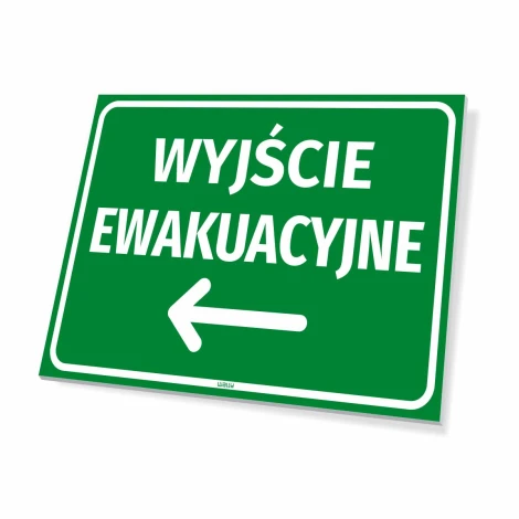 Tabliczka Informacyjna Wyjście ewakuacyjne Strzałka w lewo - Wzór graficzny. Zielone tło, białe litery, strzałka w lewo