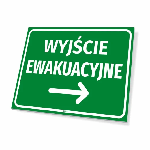 Zielona tabliczka BHP z białym napisem Wyjście ewakuacyjne i strzałką w prawo, pokazana na białym tle