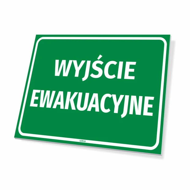 Zielona tabliczka BHP z białym napisem Wyjście ewakuacyjne, pokazująca grubość płyty i lekki ukos
