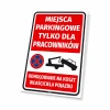 Tabliczka Miejsca parkingowe tylko dla pracowników - Wzór graficzny. Czerwone tło z białym napisem i symbolem holowania