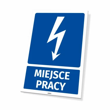 Tabliczka Miejsce pracy z piktogramem błyskawicy - Wzór graficzny. Niebieskie tło, biały piktogram błyskawicy i napis