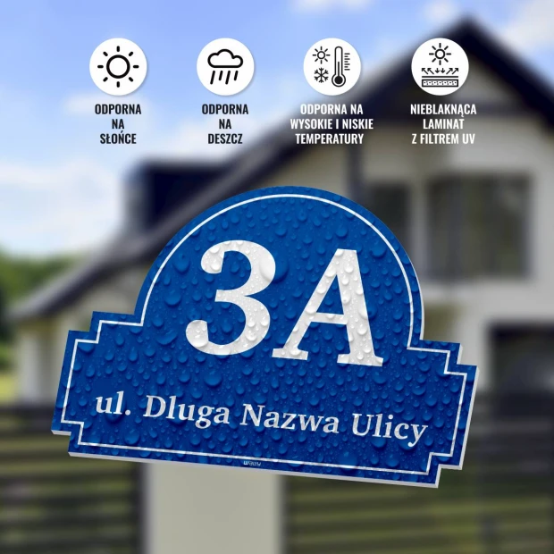 Tabliczka na dom lub ogrodzenie, z adresem i numerem - Wzór graficzny. Okrągły kształt, niebieskie tło, białe litery