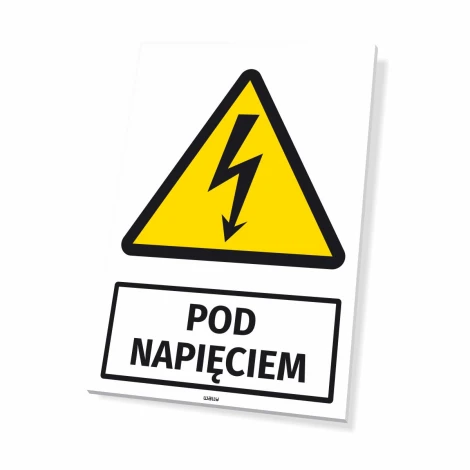 Tabliczka ostrzegawcza Pod napięciem, z piktogramem błyskawicy - Wzór graficzny. Trójkątna forma z żółtym tłem i czarnym
