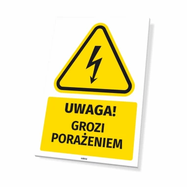 Tabliczka ostrzegawcza Uwaga! Grozi porażeniem - Wzór graficzny. Żółty trójkąt z czarnym błyskawicą i napis na żółtym tle
