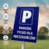 Tabliczka Parking tylko dla mieszkańców - Wzór graficzny. Niebieskie tło z białą literą P oraz napisem. Kropelki wody