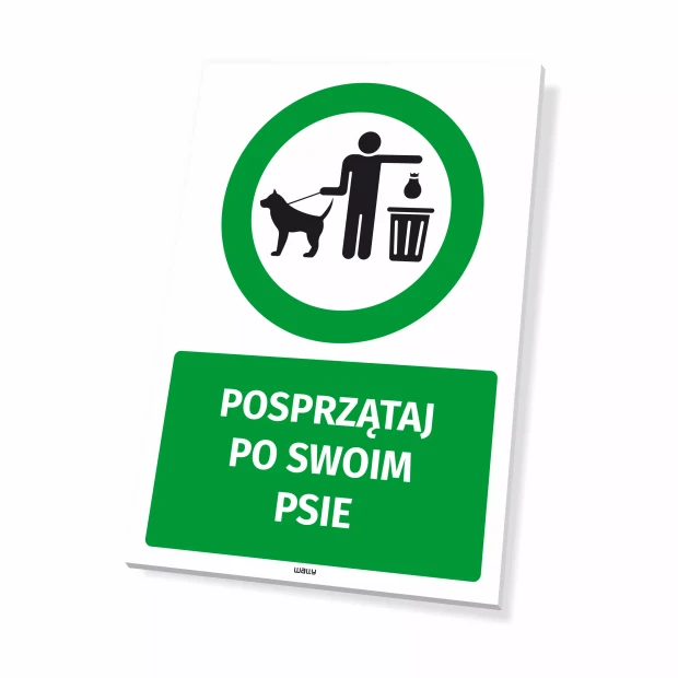 Tabliczka Posprzątaj po swoim psie - Wzór graficzny. Grafika przedstawia psa na smyczy, osobę trzymającą worek oraz kosz