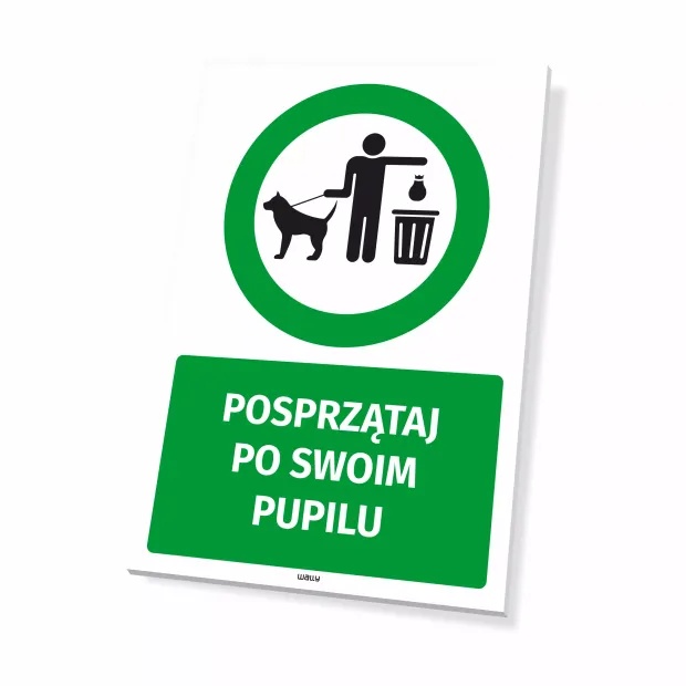 Tabliczka Posprzątaj po swoim pupilu - Wzór graficzny. Okrągły piktogram z postacią trzymającą smycz i worek, obok kosz