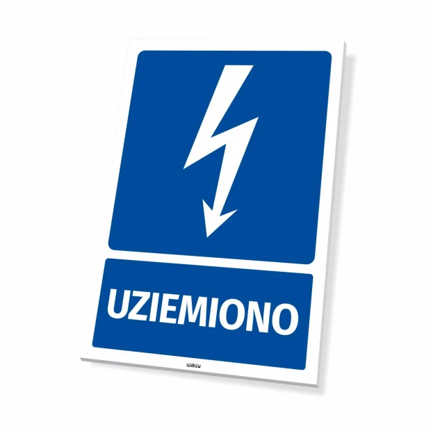 Tabliczka Uziemiono, z piktogramem błyskawicy - Wzór graficzny. Na niebieskim tle znajduje się biała błyskawica oraz napis