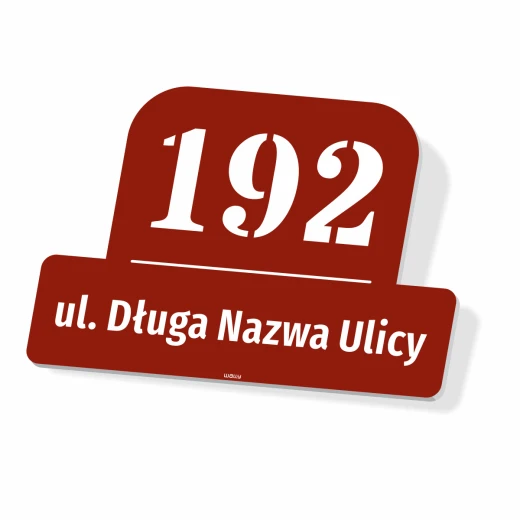 Brązowa tabliczka adresowa na białym tle z przykładowym numerem i polem na nazwę ulicy ze skrótem ul