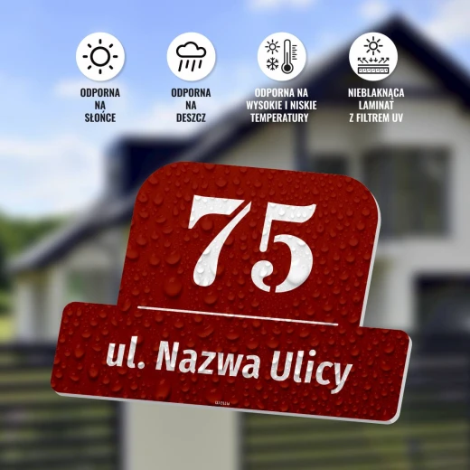 Infografika z czerwoną tabliczką adresową z kroplami wody, pokazująca odporność na warunki atmosferyczne
