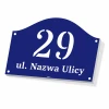 Tabliczka z numerem domu, nazwą ulicy - Wzór graficzny. Granatowe tło z białymi cyframi i literami, półokrągły kształt