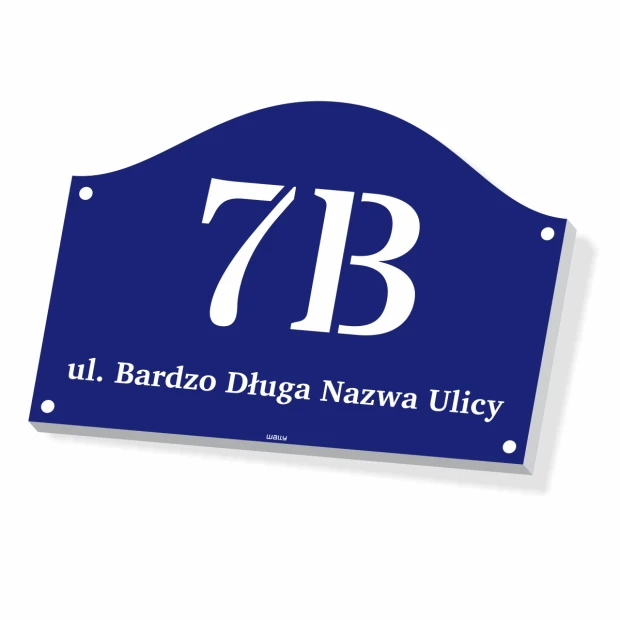 Tabliczka z numerem domu, nazwą ulicy - Wzór graficzny. Granatowe tło z białymi cyframi i literami, półokrągły kształt