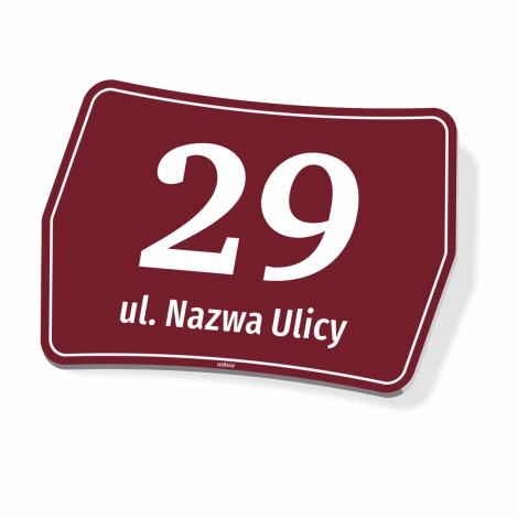 Tabliczka z numerem i ulicą na dom, posesję, ogrodzenie - Wzór graficzny. Kształt prostokątny, tło w kolorze bordowym, duże