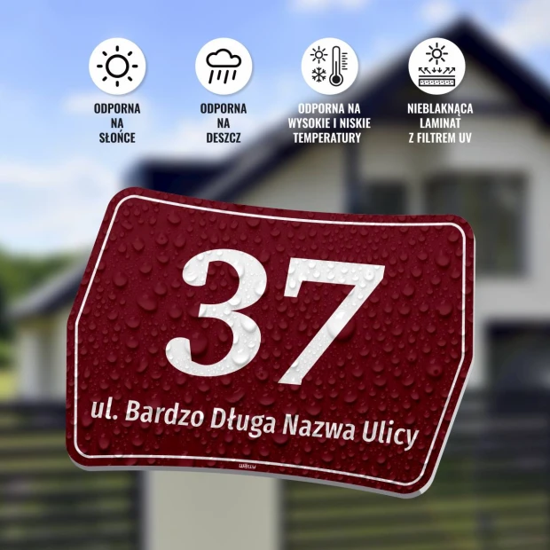 Tabliczka z numerem i ulicą na dom, posesję, ogrodzenie - Wzór graficzny. Czerwony prostokąt z białymi cyframi i tekstem