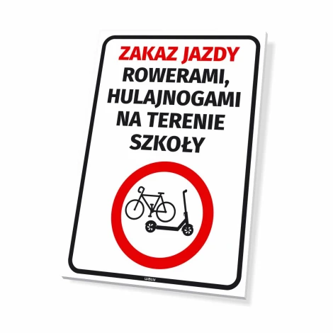 Tabliczka Zakaz jazdy rowerami, hulajnogami na terenie szkoły - Wzór graficzny. Na białym tle czerwony okrąg z ikoną roweru