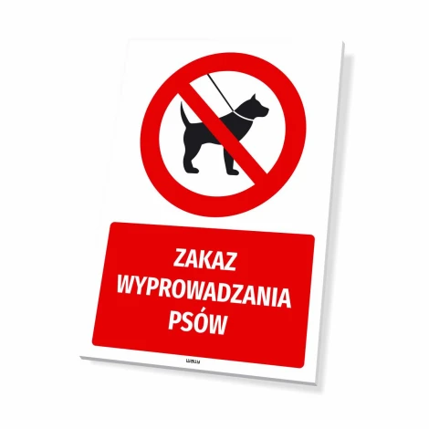 Tabliczka Zakaz wyprowadzania psów - Wzór graficzny. Czerwony okrąg z przekreślonym psem i napis na białym tle